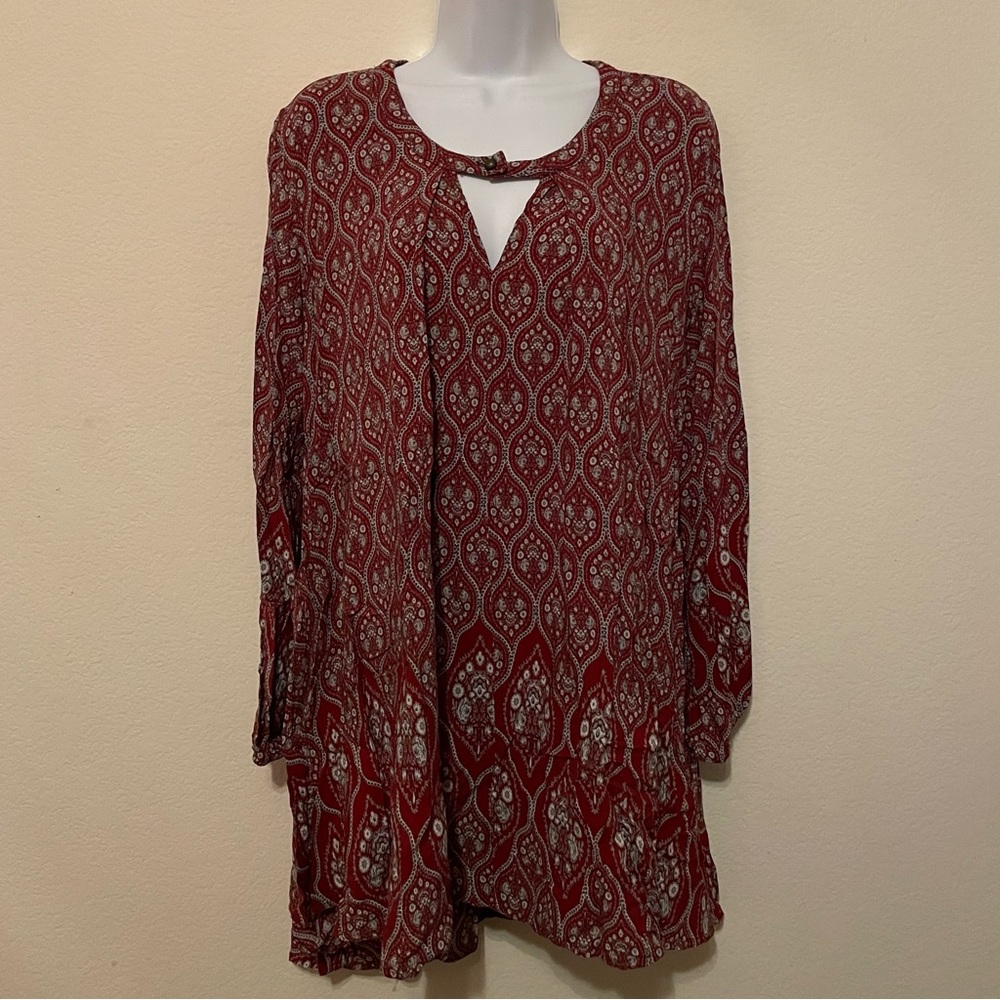 Dark Red & Gray Long Sleeve Patterned Dress | JODIFL | Women’s Size Medium